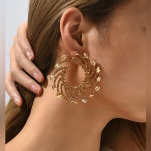2/$30🌵 Spiral Crystal Gold Rhinestone Earrings Large Sparkle Jewelry Swirl NEW